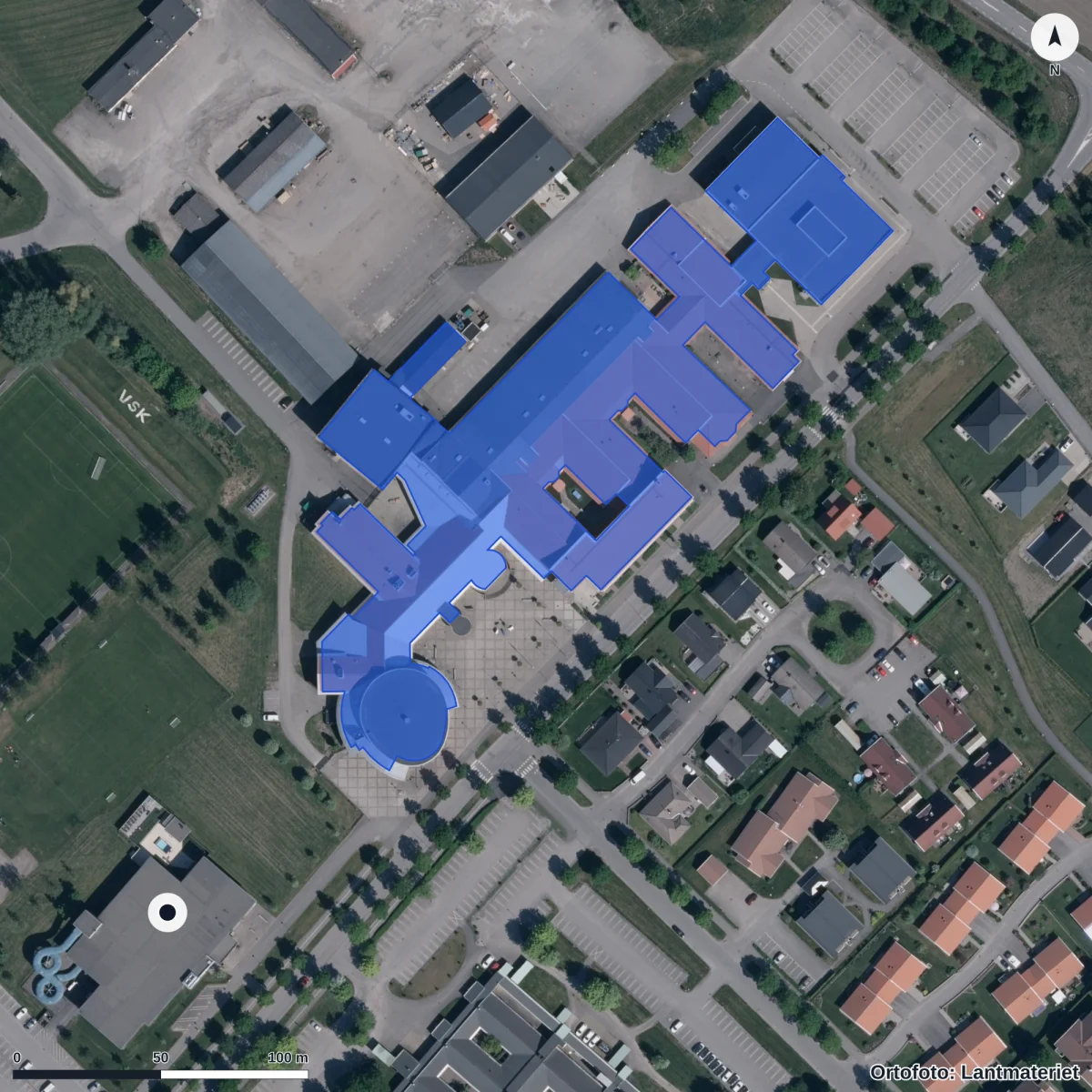 Aerial view of Lagmansgymnasiet, orthophoto from Lantmäteriet