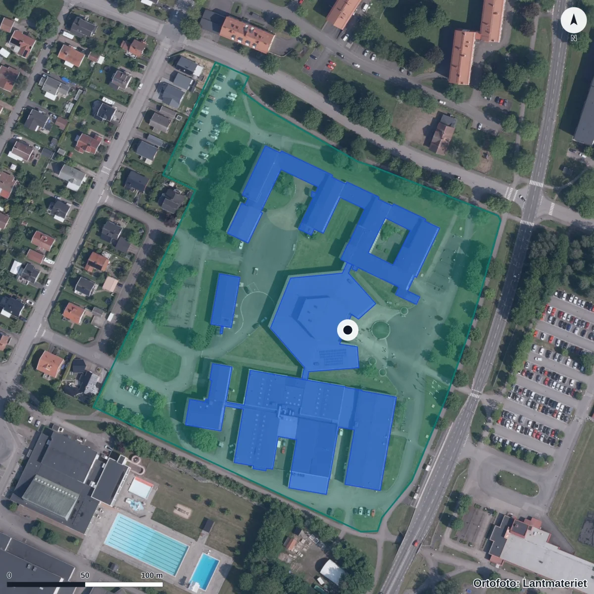 Aerial view of Ållebergsgymnasiet, orthophoto from Lantmäteriet