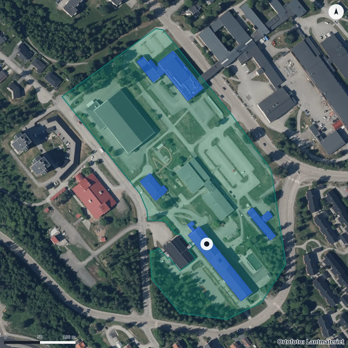 Aerial view of Höglidenskolan, orthophoto from Lantmäteriet