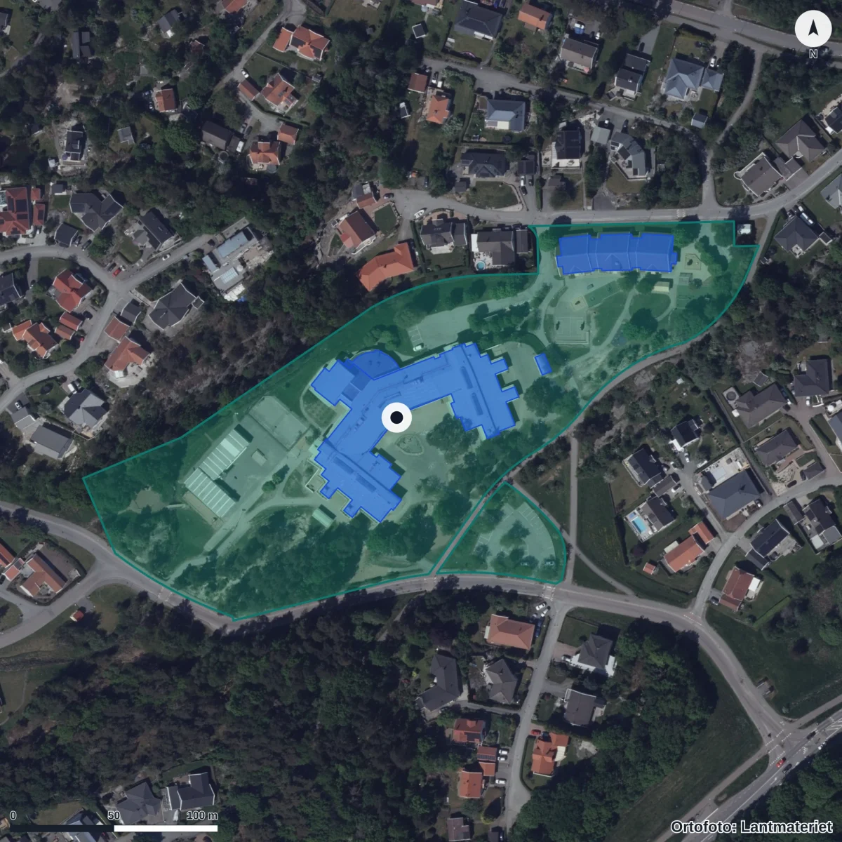 Aerial view of Lillebyskolan, orthophoto from Lantmäteriet
