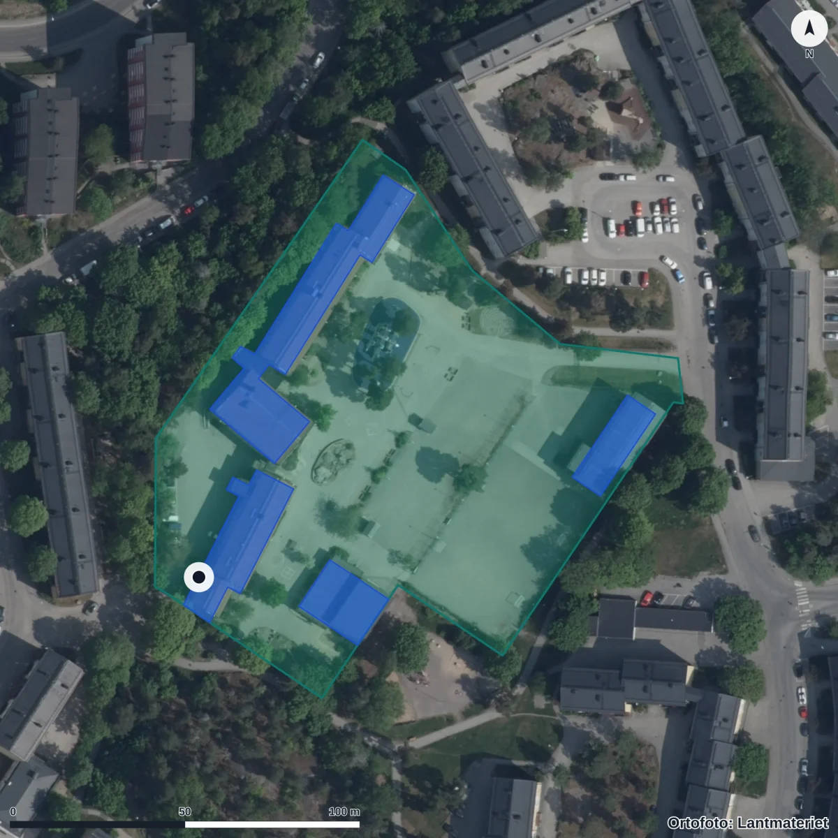 Aerial view of Snösätraskolan, orthophoto from Lantmäteriet