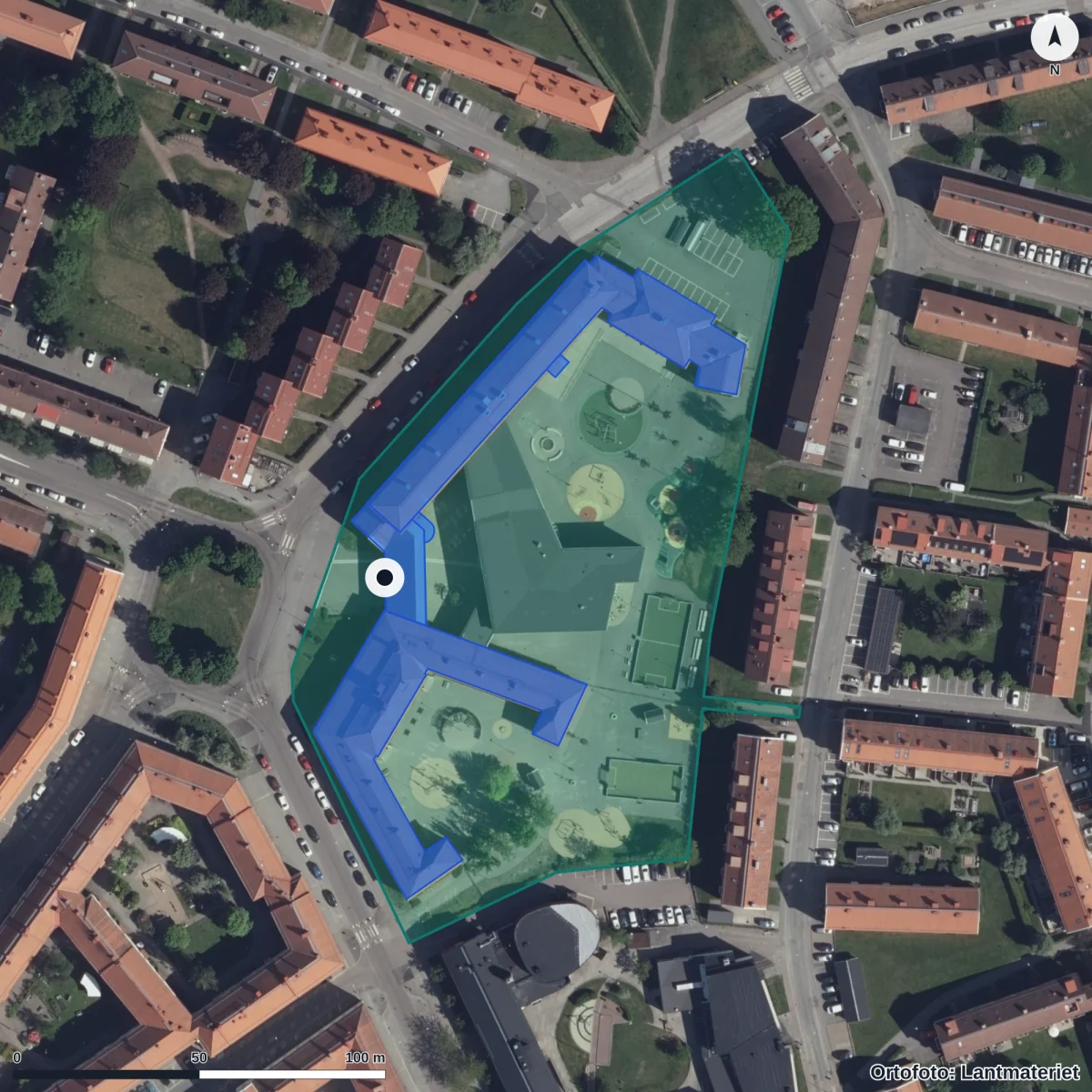 Aerial view of Gamlestadsskolan, orthophoto from Lantmäteriet