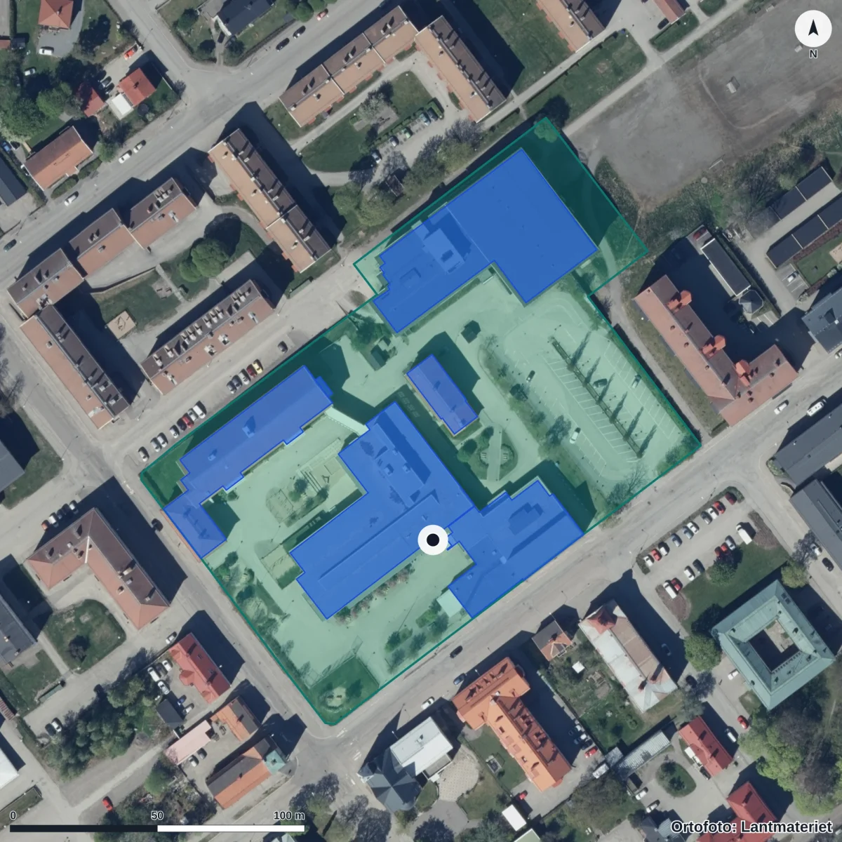 Flygbild över Norrtullskolan, ortofoto från Lantmäteriet