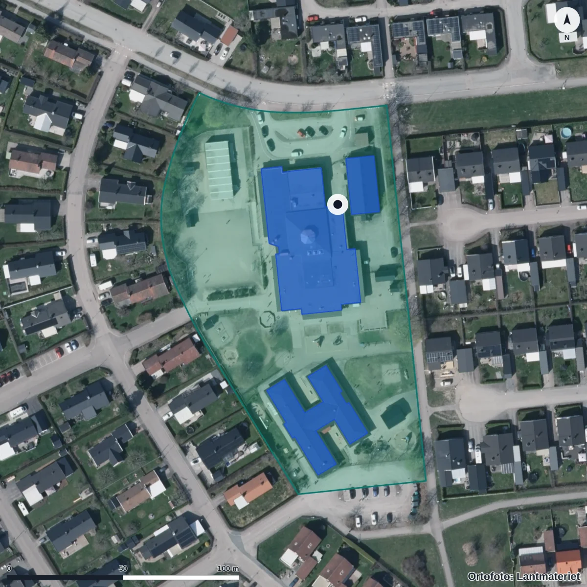 Aerial view of Elundskolan, orthophoto from Lantmäteriet