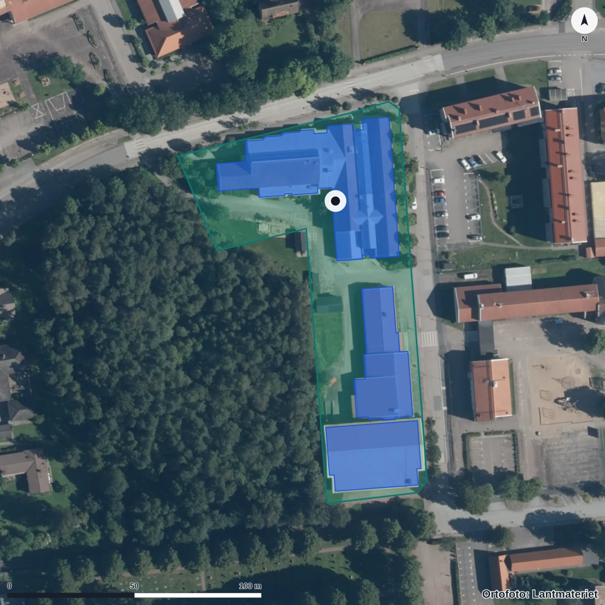 Flygbild över Örkelljunga utbildningscentrum, ortofoto från Lantmäteriet