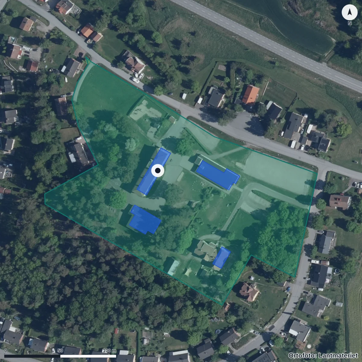 Flygbild över Jönåkers skola, ortofoto från Lantmäteriet