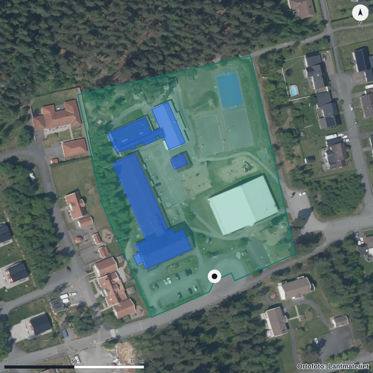 Aerial view of Parkskolan, orthophoto from Lantmäteriet