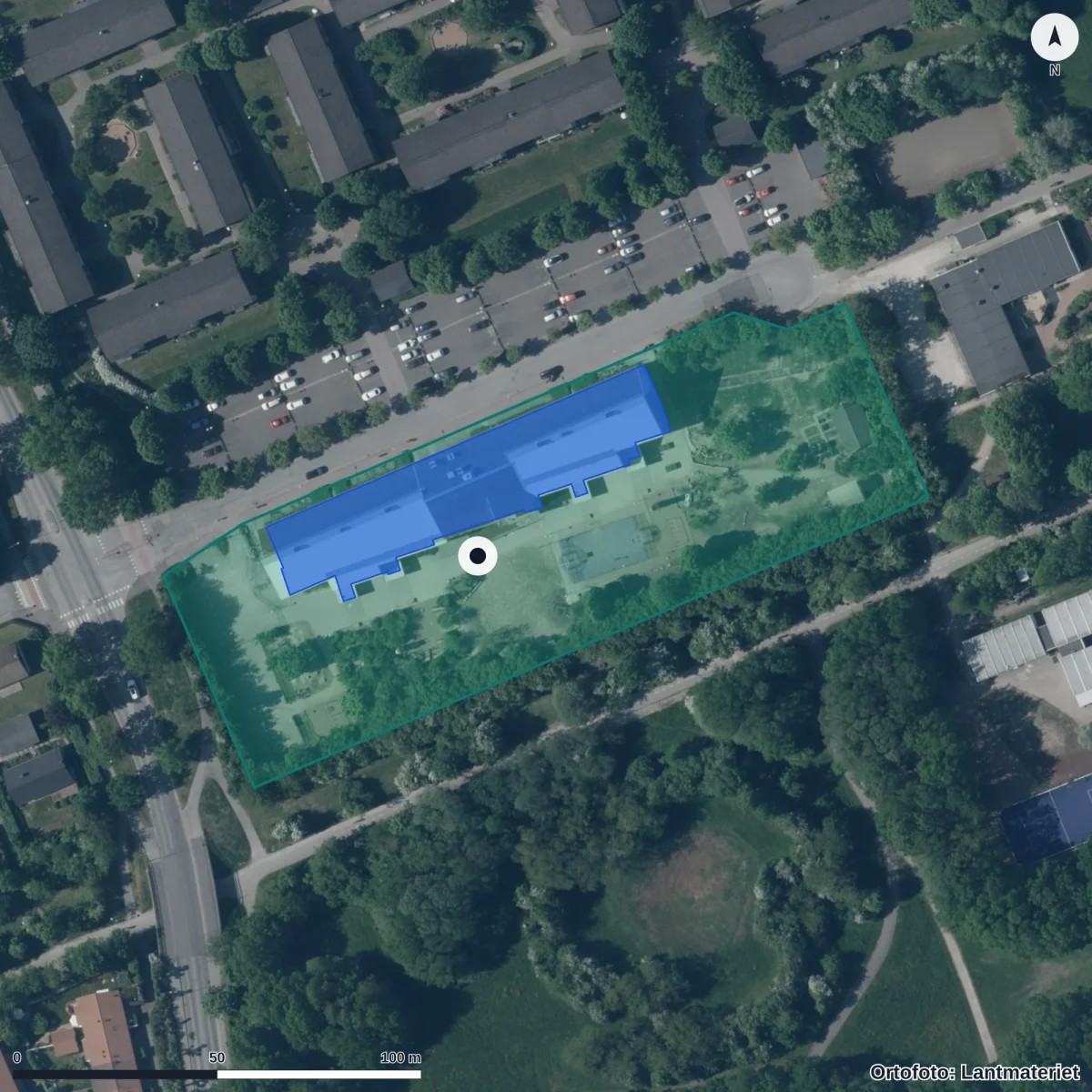 Flygbild över Munspelets skola, ortofoto från Lantmäteriet