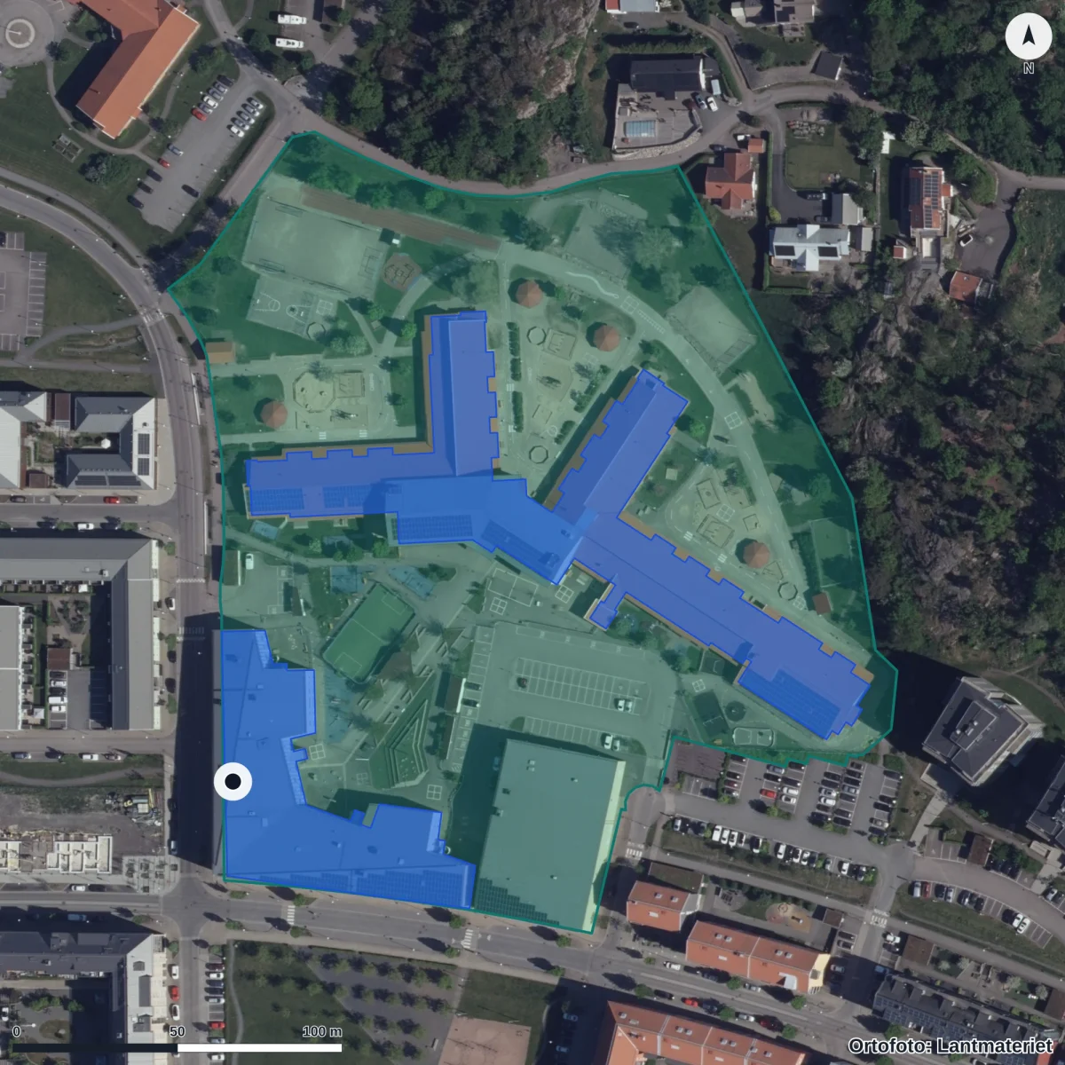 Aerial view of Kollaskolan, orthophoto from Lantmäteriet