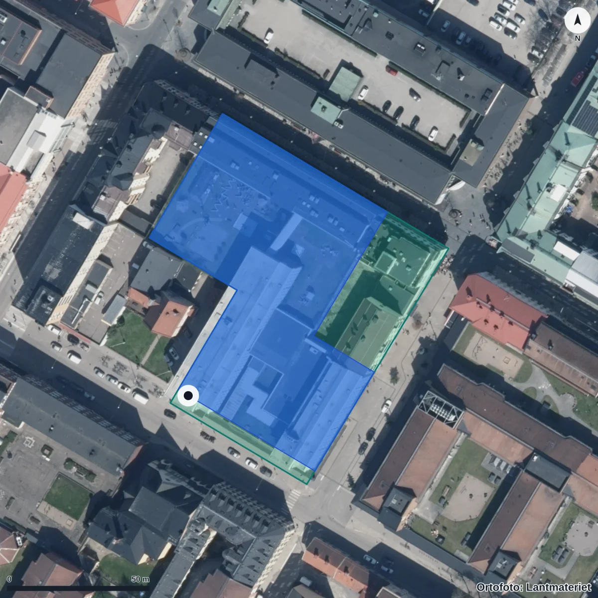 Flygbild över NTI Gymnasiet Eskilstuna, ortofoto från Lantmäteriet