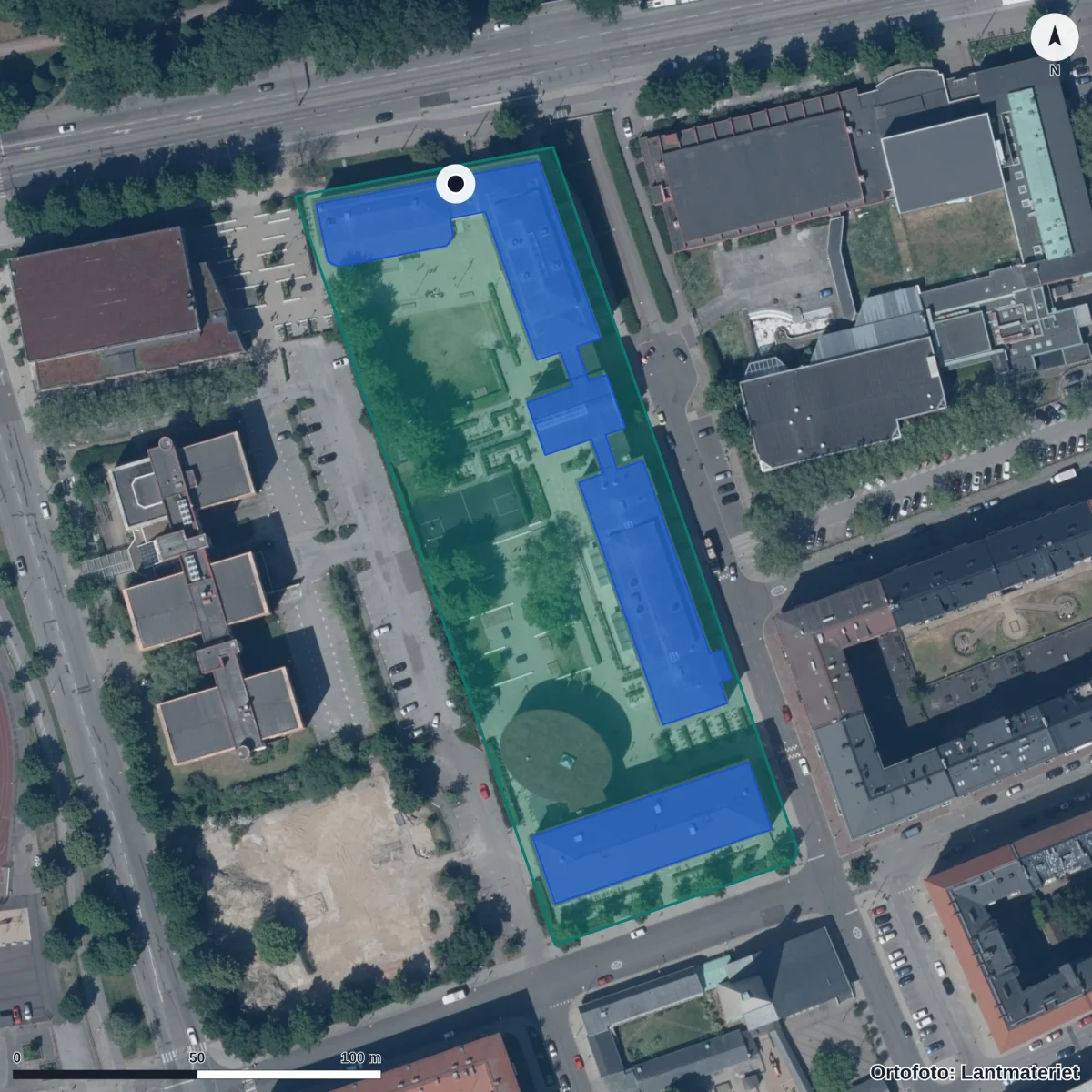 Aerial view of Malmö Borgarskola, orthophoto from Lantmäteriet