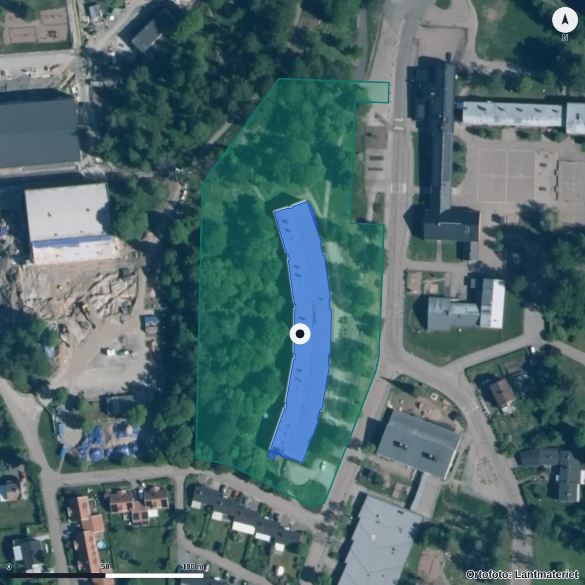 Aerial view of Spångbergsgymnasiet, orthophoto from Lantmäteriet