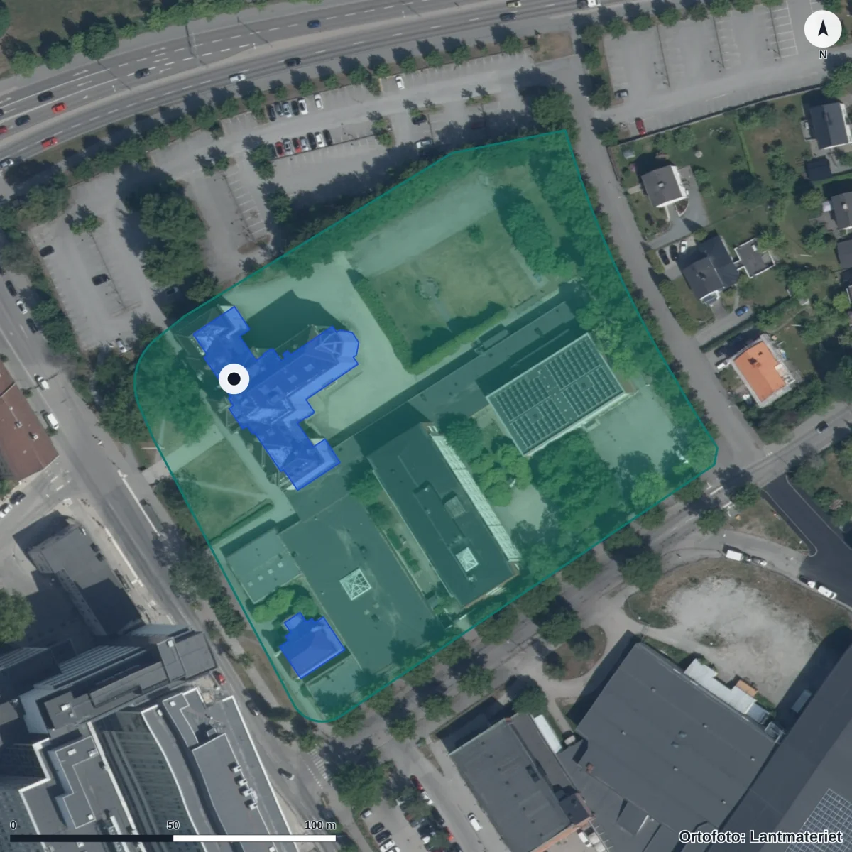 Aerial view of Täljegymnasiet, orthophoto from Lantmäteriet