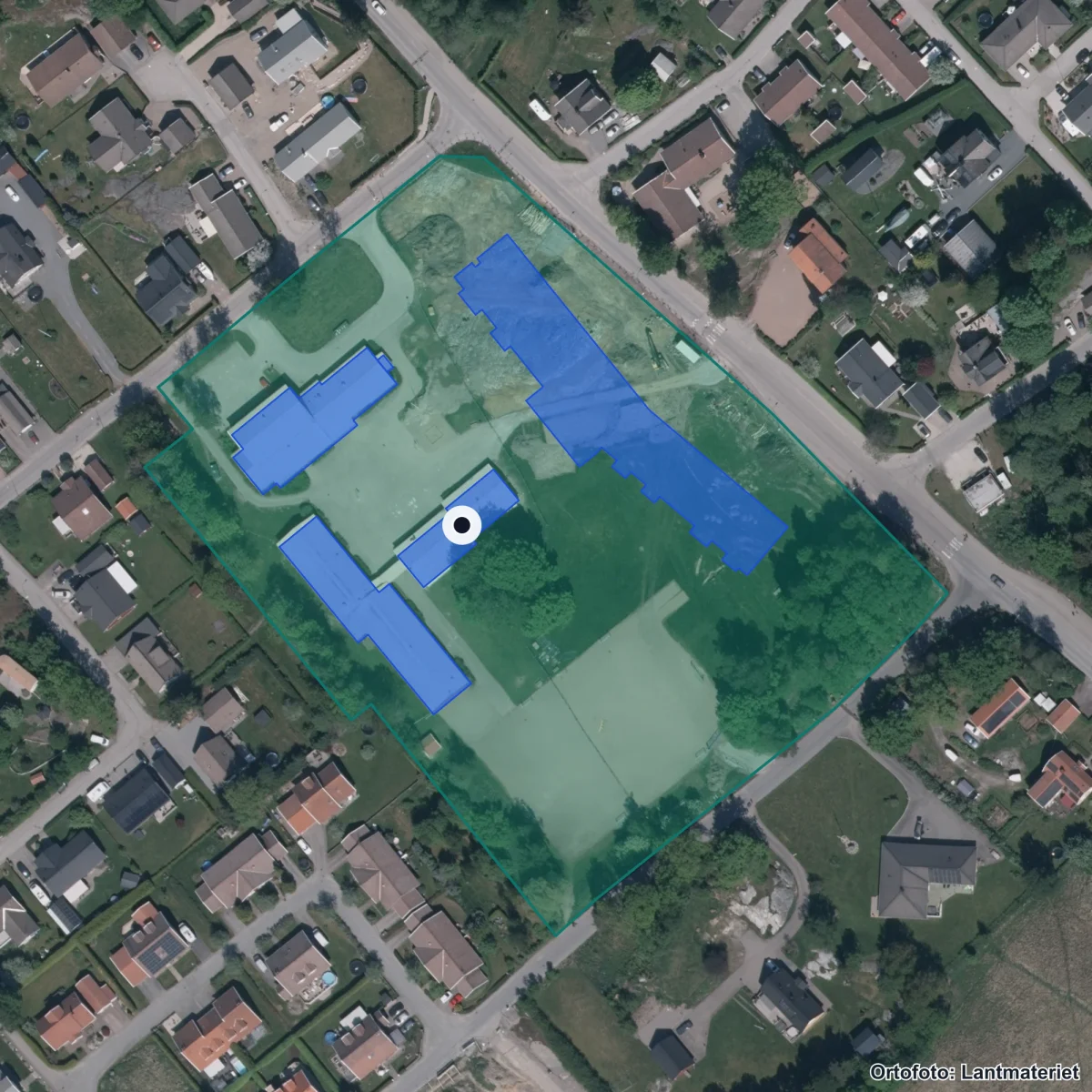 Aerial view of Velanda skola, orthophoto from Lantmäteriet