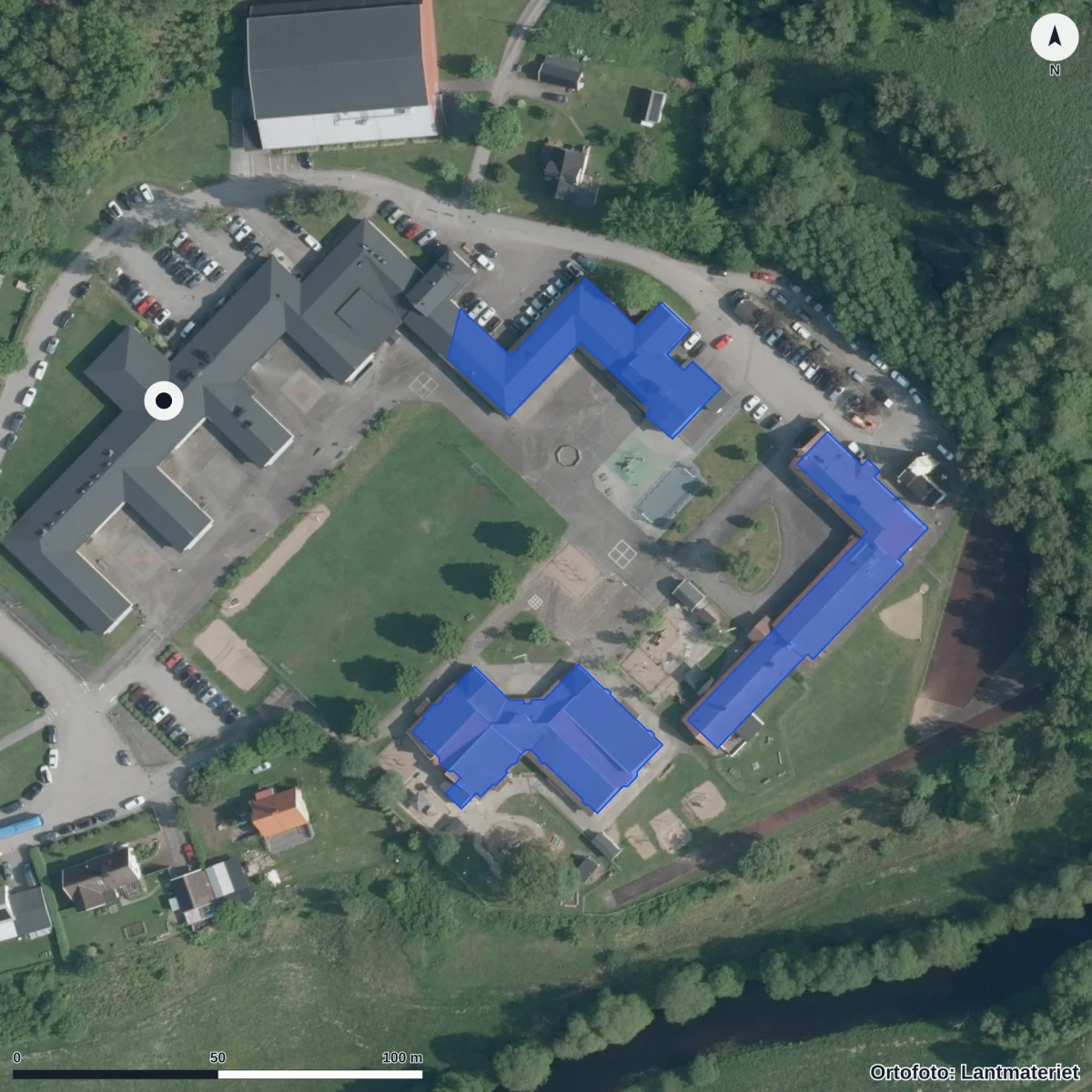 Aerial view of Apelskolan, orthophoto from Lantmäteriet