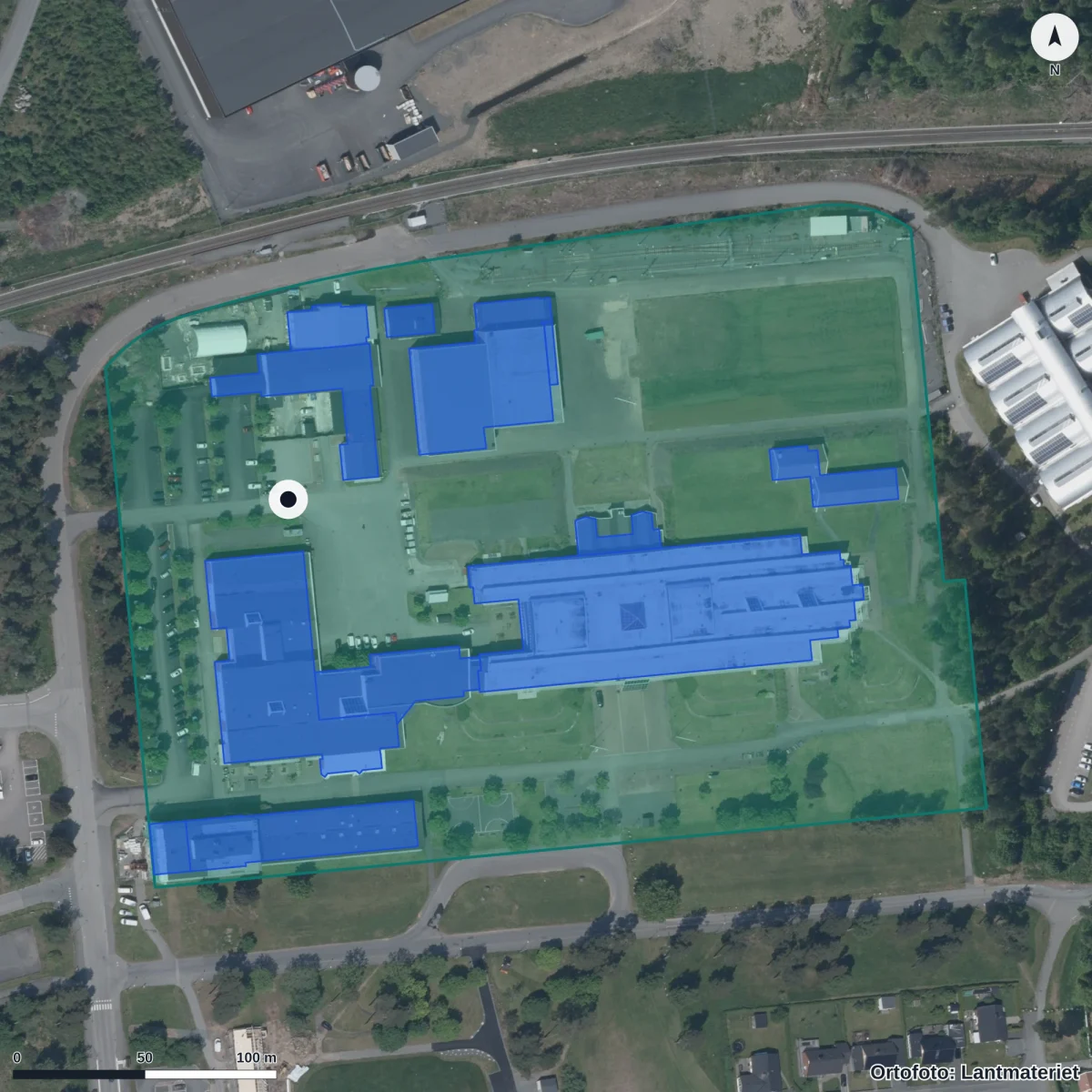 Aerial view of Brinellgymnasiet, orthophoto from Lantmäteriet