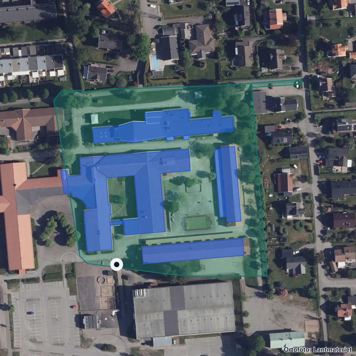 Flygbild över Landvetterskolan, ortofoto från Lantmäteriet