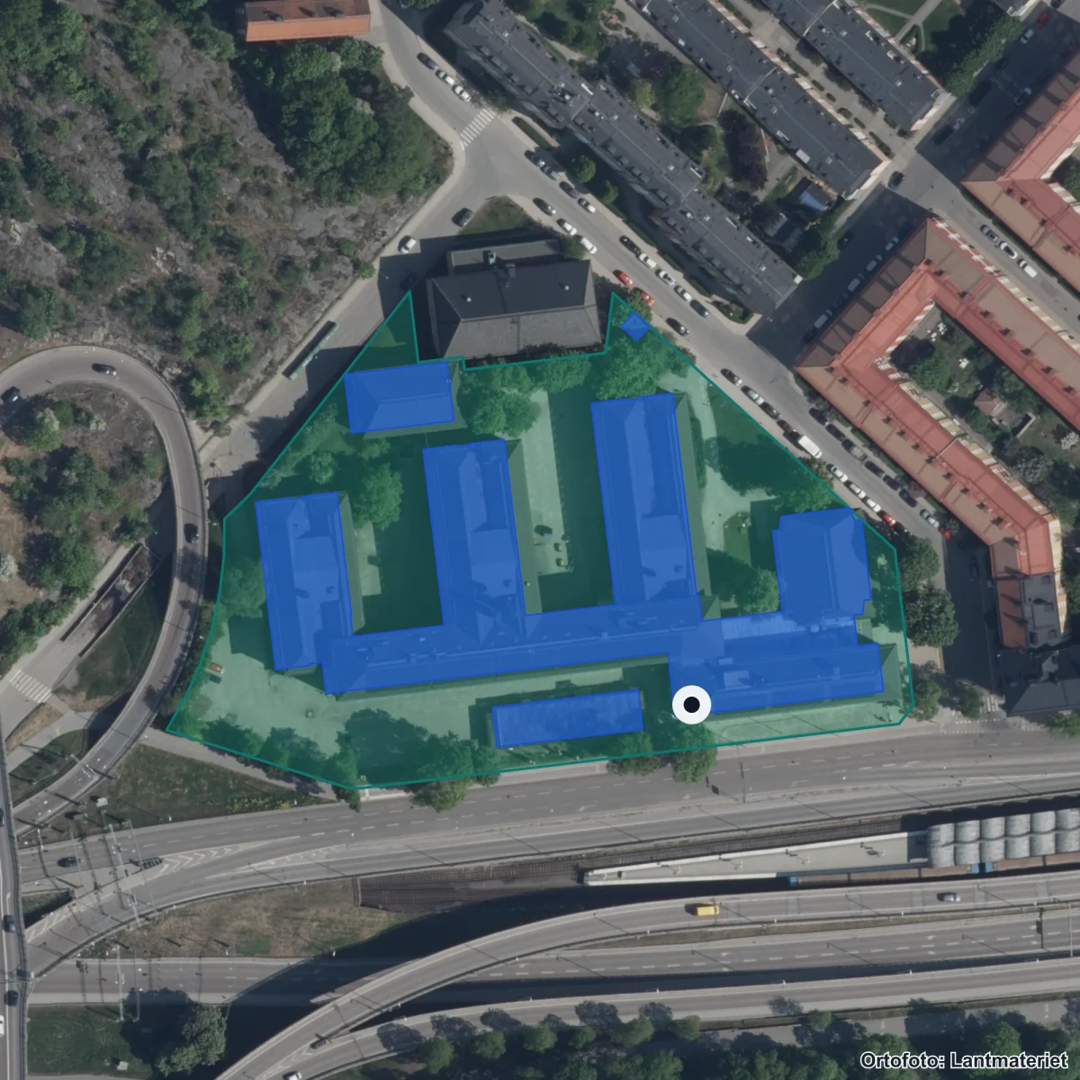 Aerial view of Thorildsplans gymnasium, orthophoto from Lantmäteriet