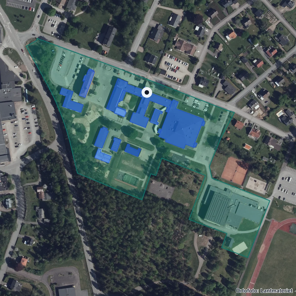 Aerial view of Mogaskolan, orthophoto from Lantmäteriet