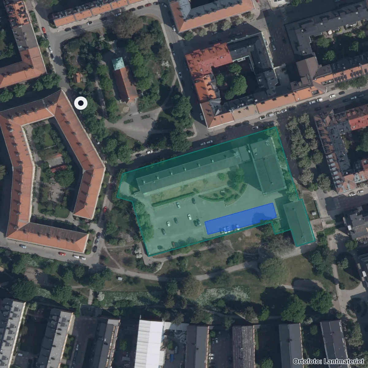 Flygbild över Mimers Hus, ortofoto från Lantmäteriet