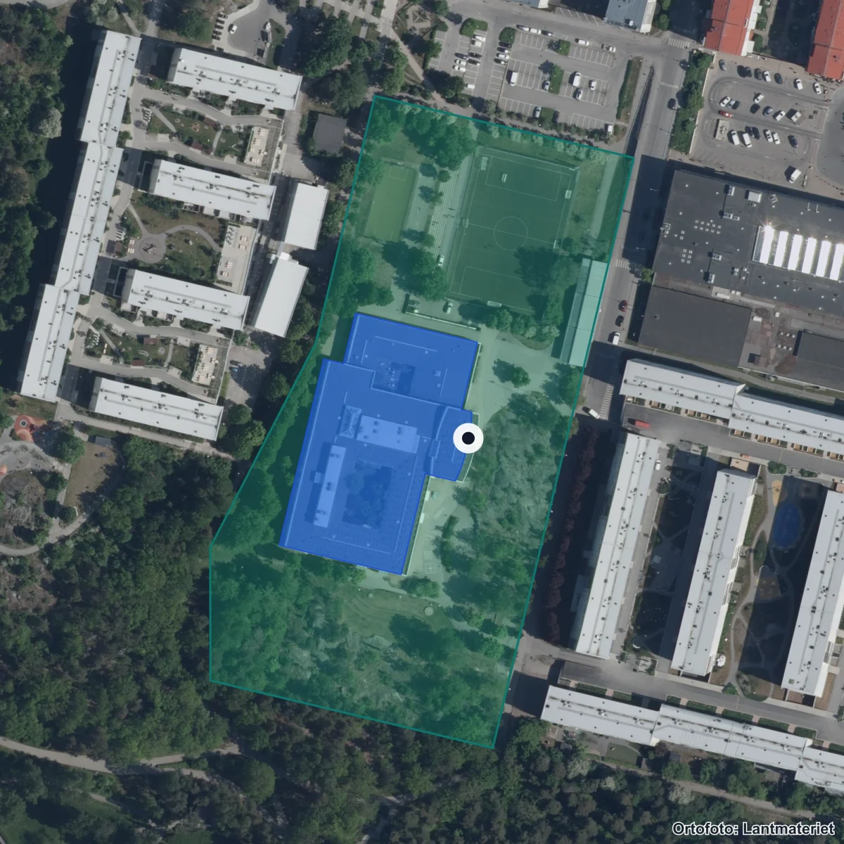 Flygbild över Kulturama Grundsk. Sundbyberg, ortofoto från Lantmäteriet