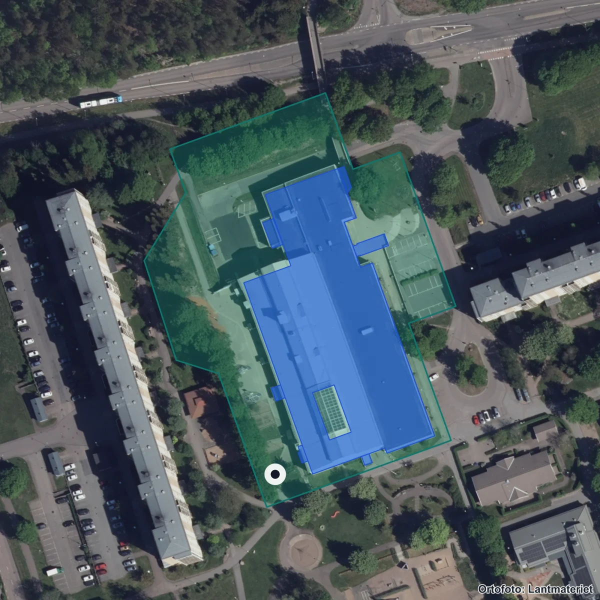 Flygbild över Rannebergsskolan, ortofoto från Lantmäteriet