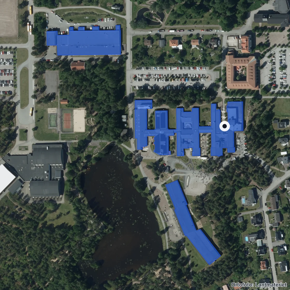 Aerial view of Hultsfreds gymnasium, orthophoto from Lantmäteriet