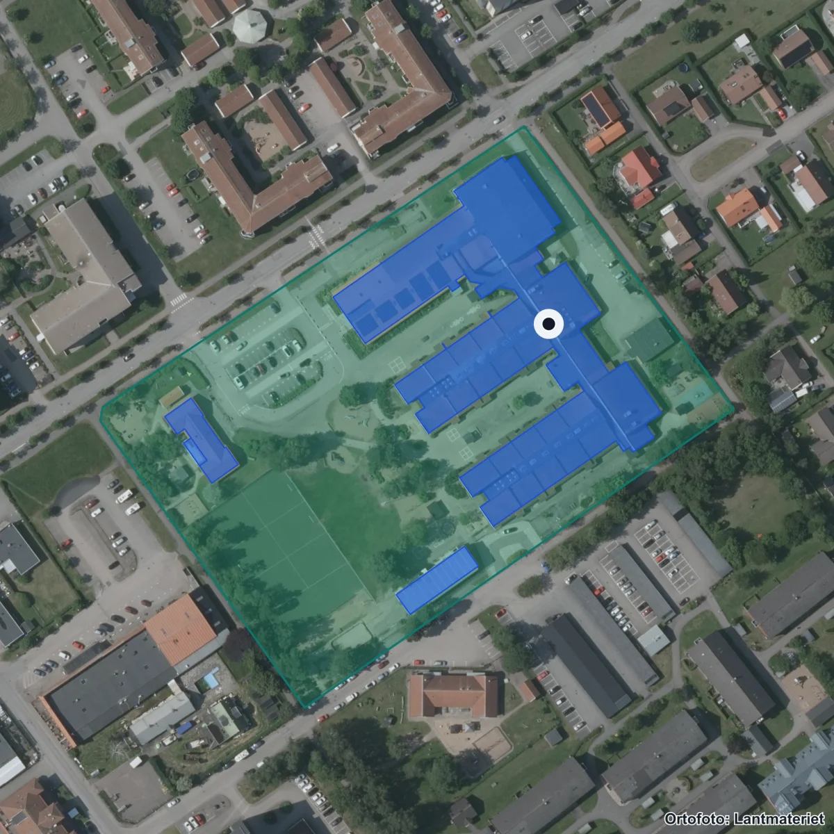 Aerial view of Hjortsbergsskolan, orthophoto from Lantmäteriet