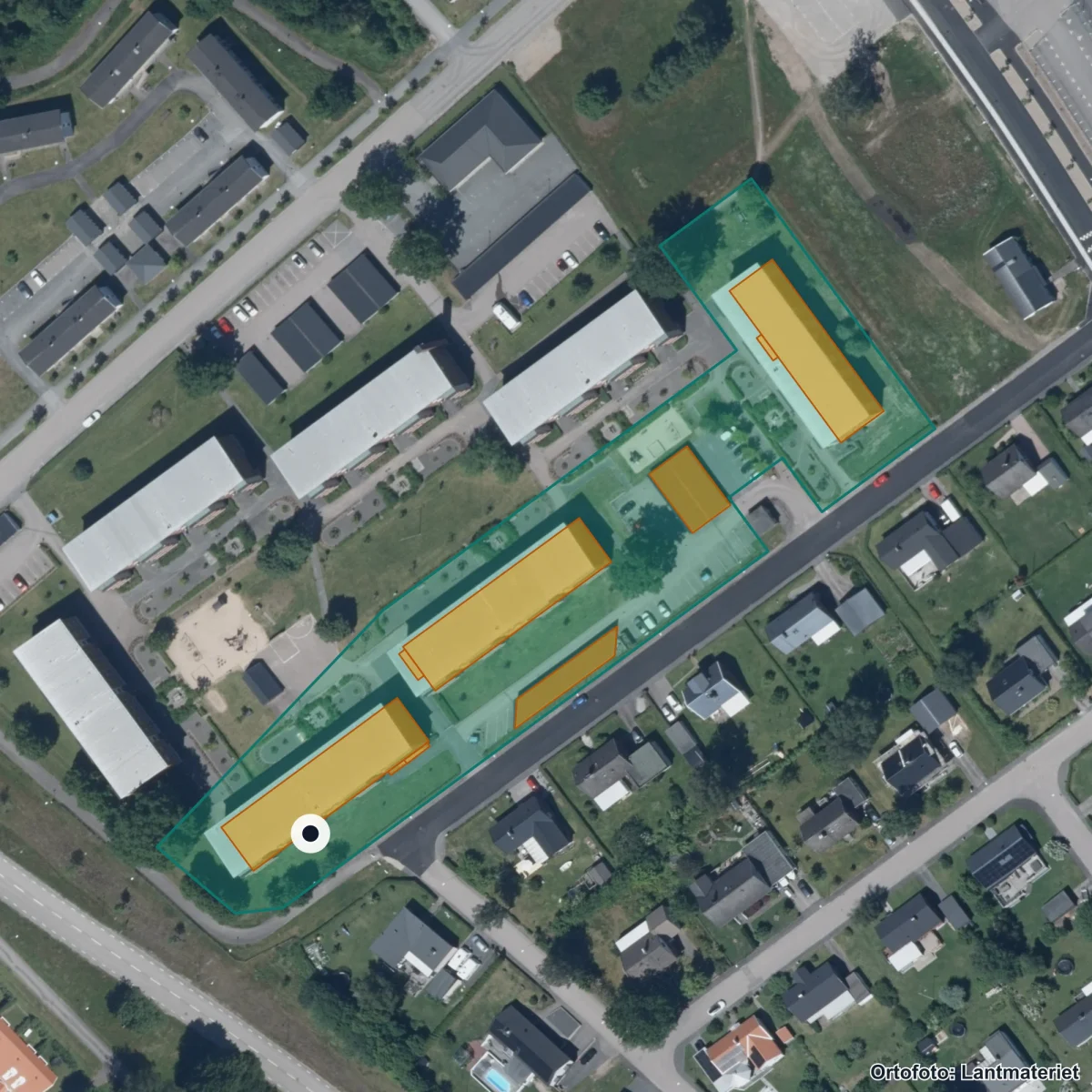 Aerial view of Hjortsbergskolan, orthophoto from Lantmäteriet