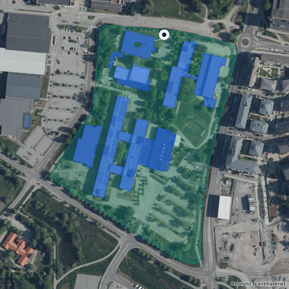 Flygbild över Kvalitet och utveckling, ortofoto från Lantmäteriet