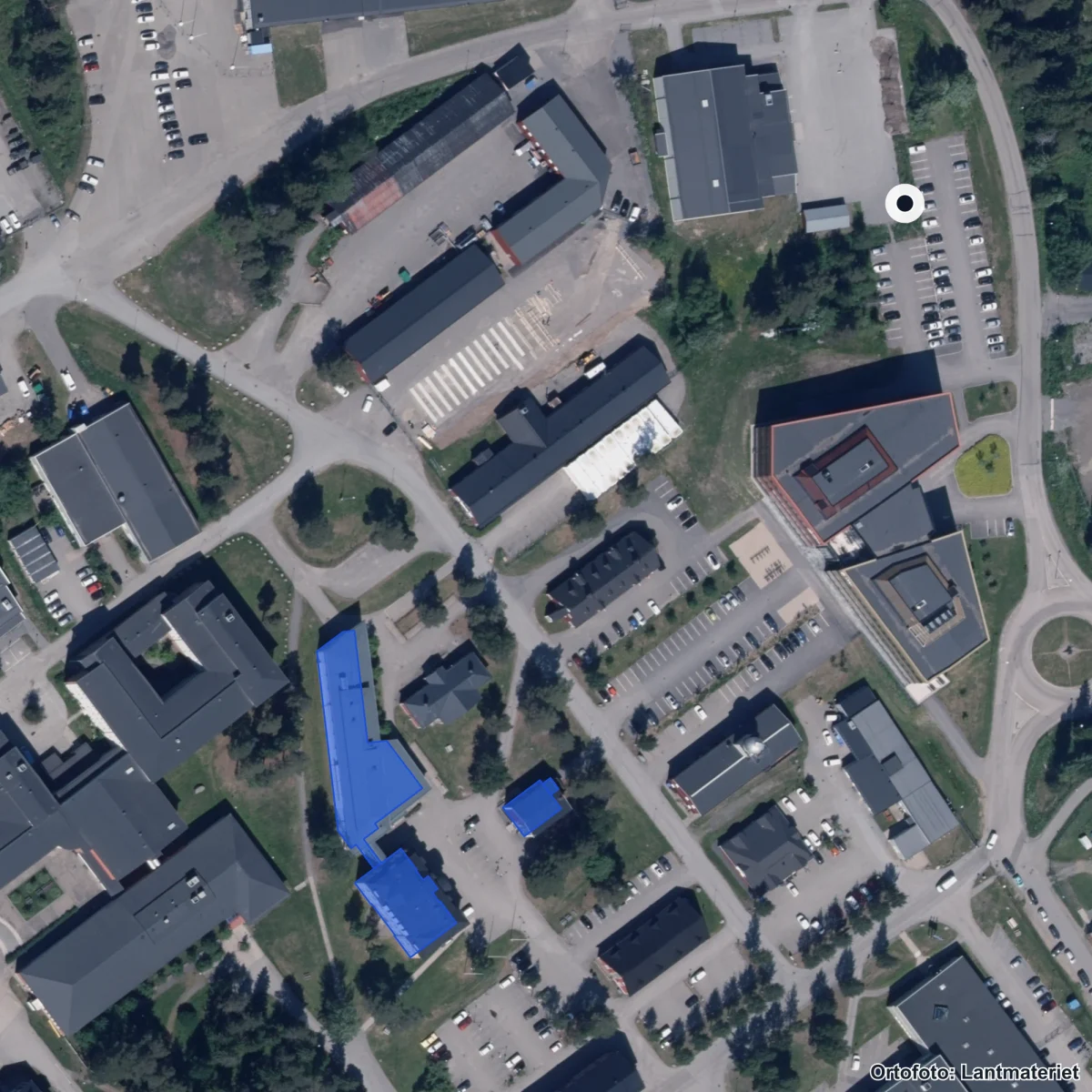 Aerial view of Pops Academy Umeå, orthophoto from Lantmäteriet
