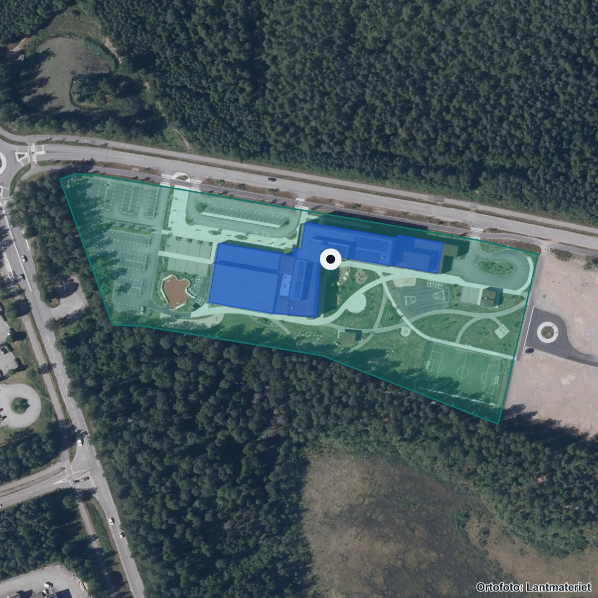 Aerial view of Östra Lugnet och Hagavik anpassad skola, orthophoto from Lantmäteriet