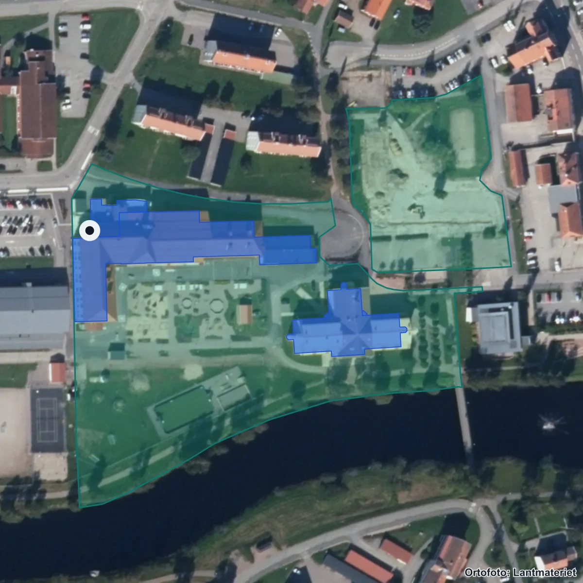 Aerial view of Celsiusskolan, orthophoto from Lantmäteriet