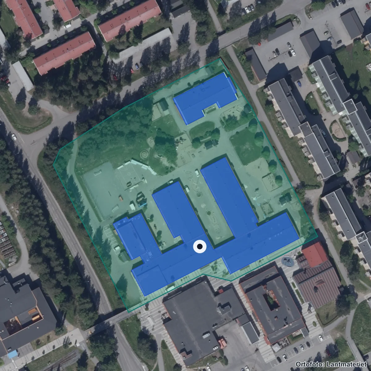 Aerial view of Porsöskolan, orthophoto from Lantmäteriet