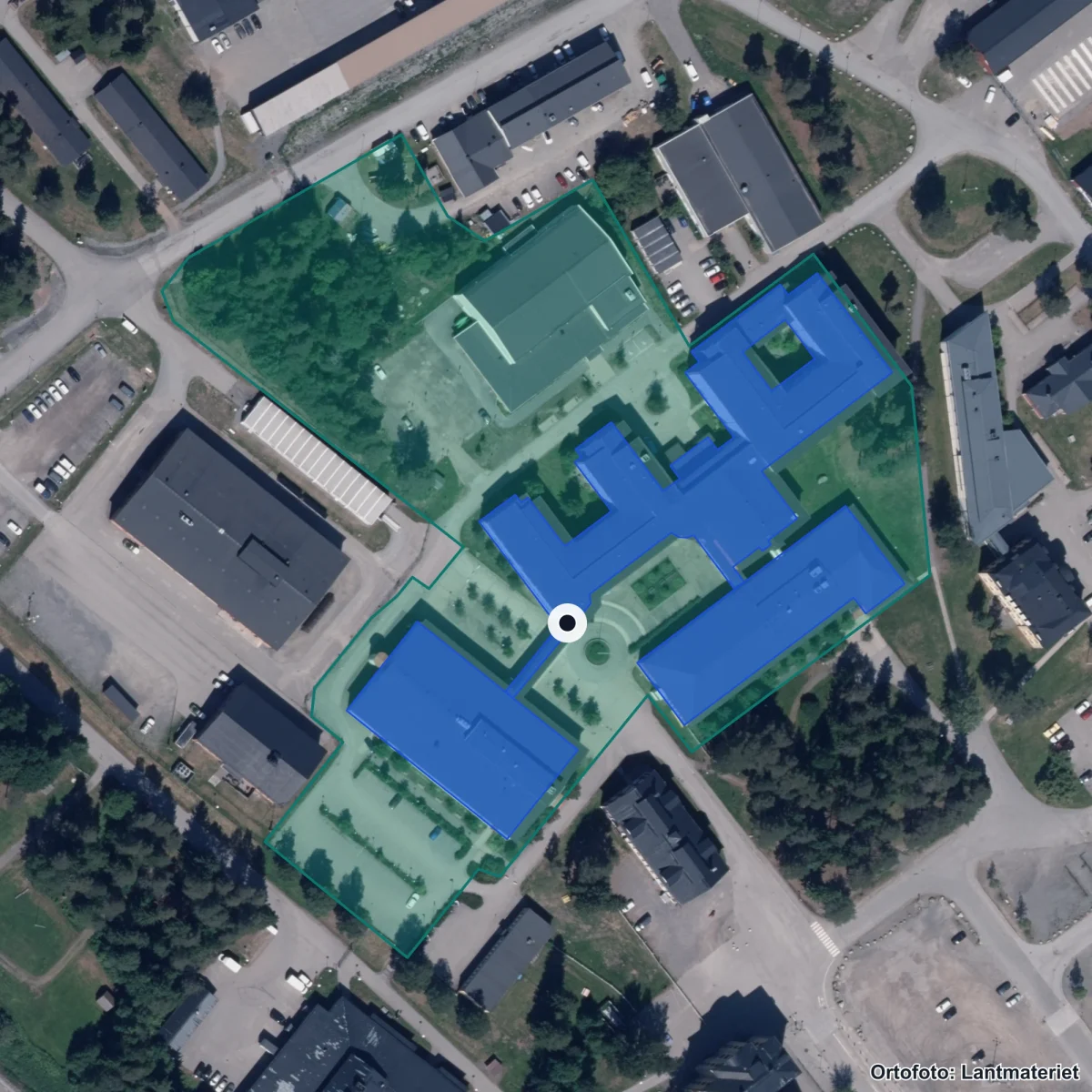 Aerial view of Midgårdsskolan, orthophoto from Lantmäteriet