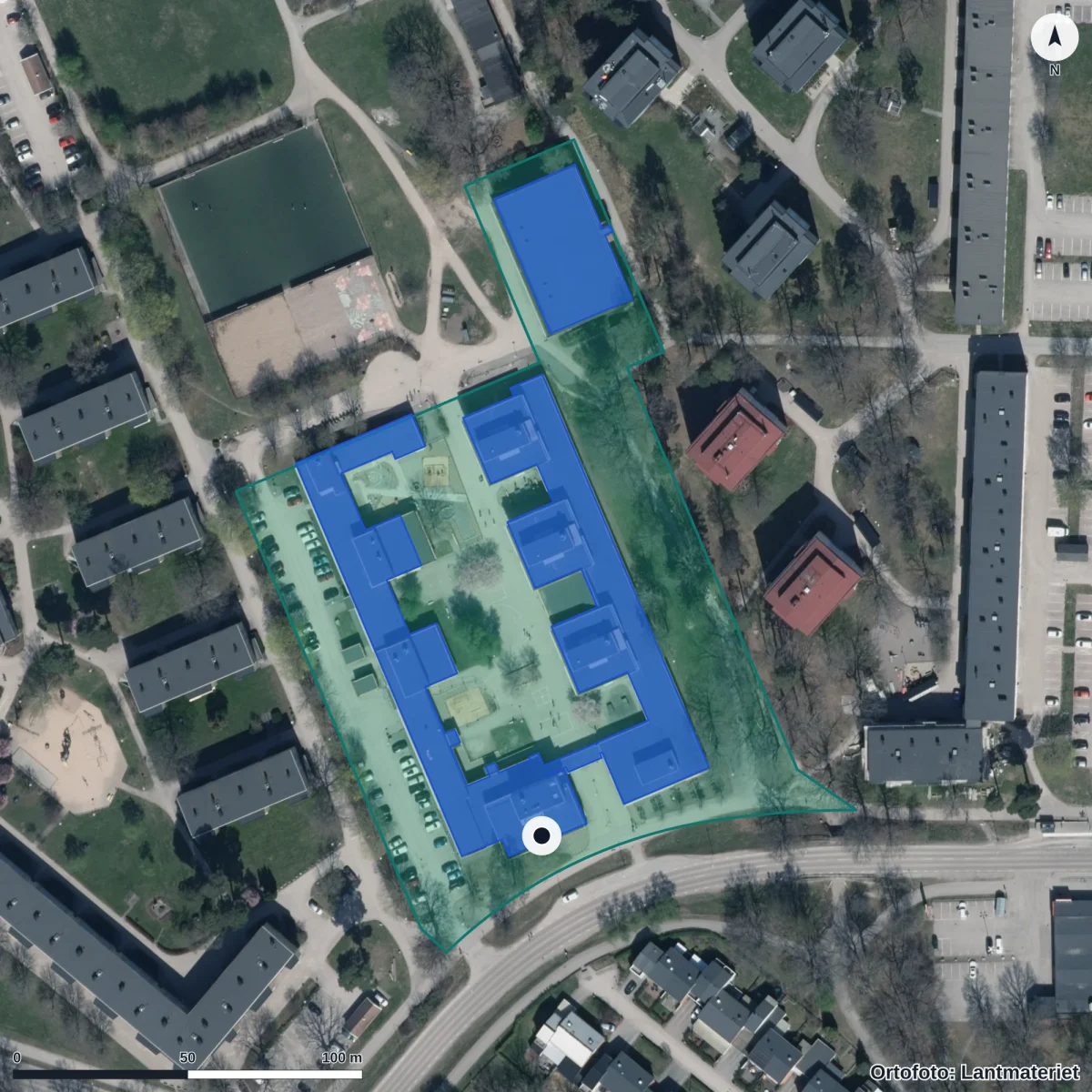 Aerial view of Viksängsskolan, orthophoto from Lantmäteriet