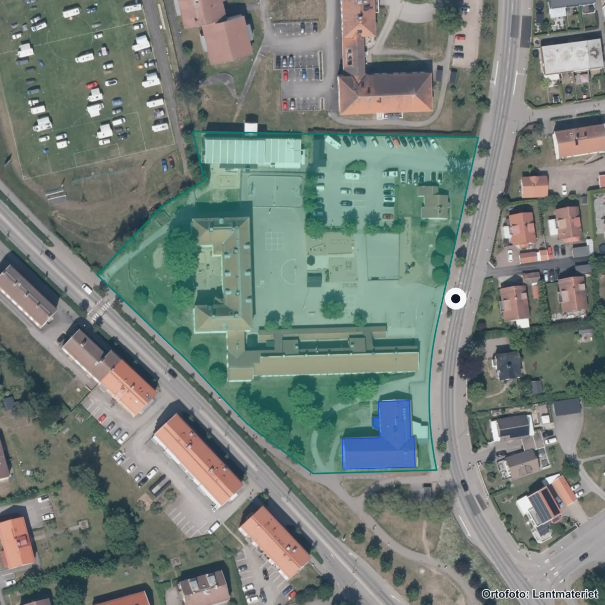 Flygbild över Norra skolan, ortofoto från Lantmäteriet