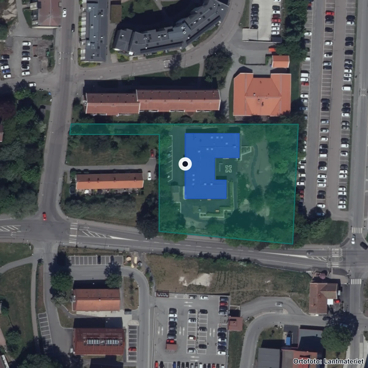 Flygbild över Högsbogårdsskolan, ortofoto från Lantmäteriet