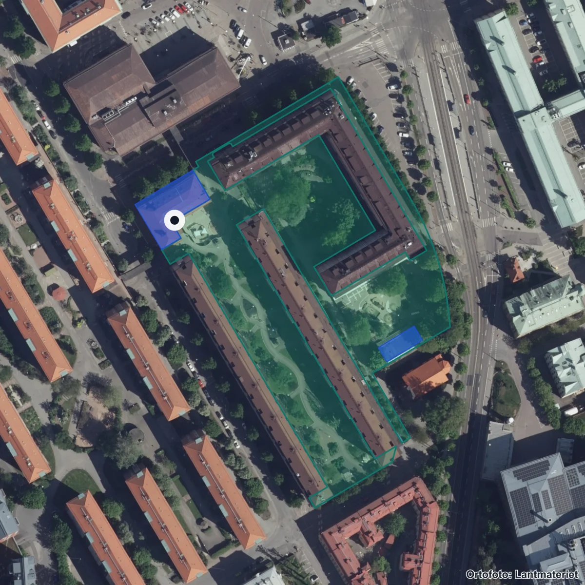 Flygbild över Franska Skolan, ortofoto från Lantmäteriet