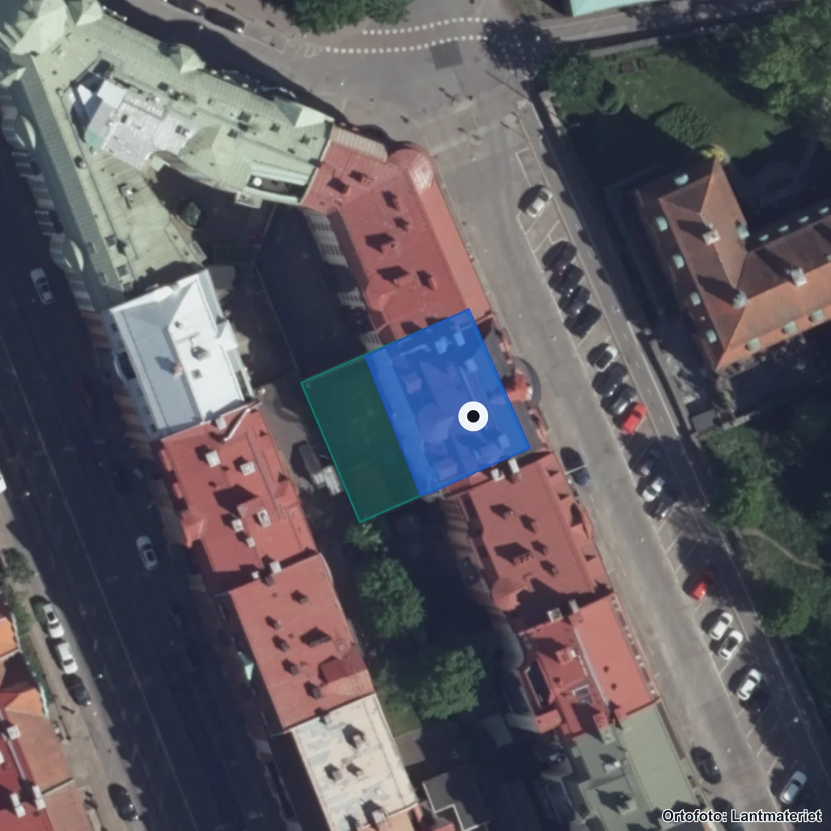 Flygbild över Franska Skolan, ortofoto från Lantmäteriet
