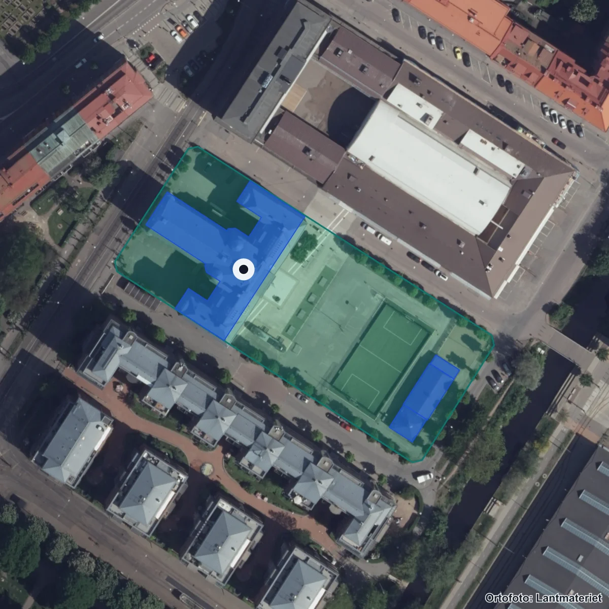 Flygbild över Göteborgs Högre Samskola, ortofoto från Lantmäteriet
