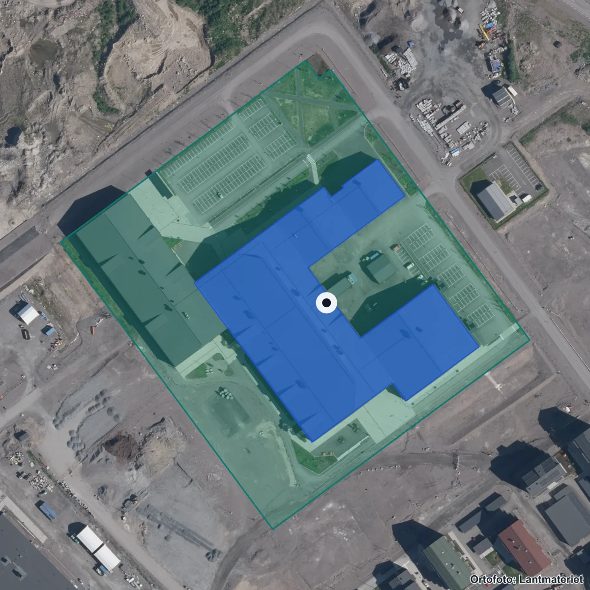 Flygbild över Lapplands Gymnasium Kiruna, ortofoto från Lantmäteriet
