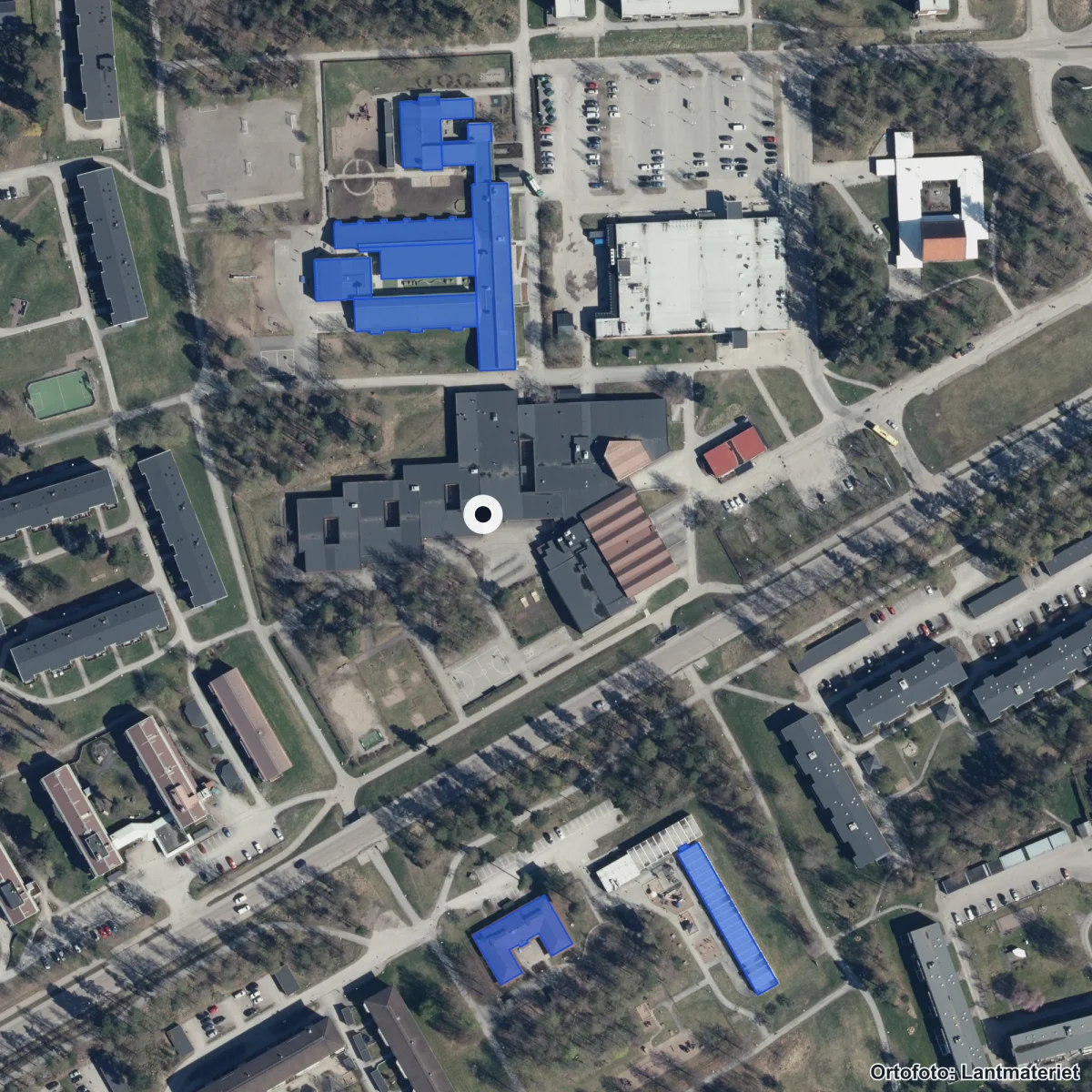 Aerial view of Björksätraskolan, orthophoto from Lantmäteriet