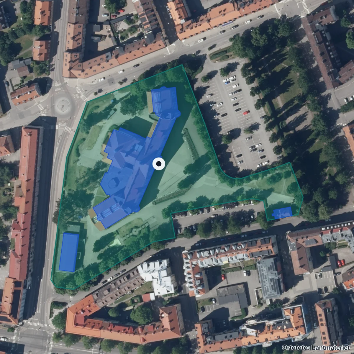 Aerial view of Katedralskolan, orthophoto from Lantmäteriet