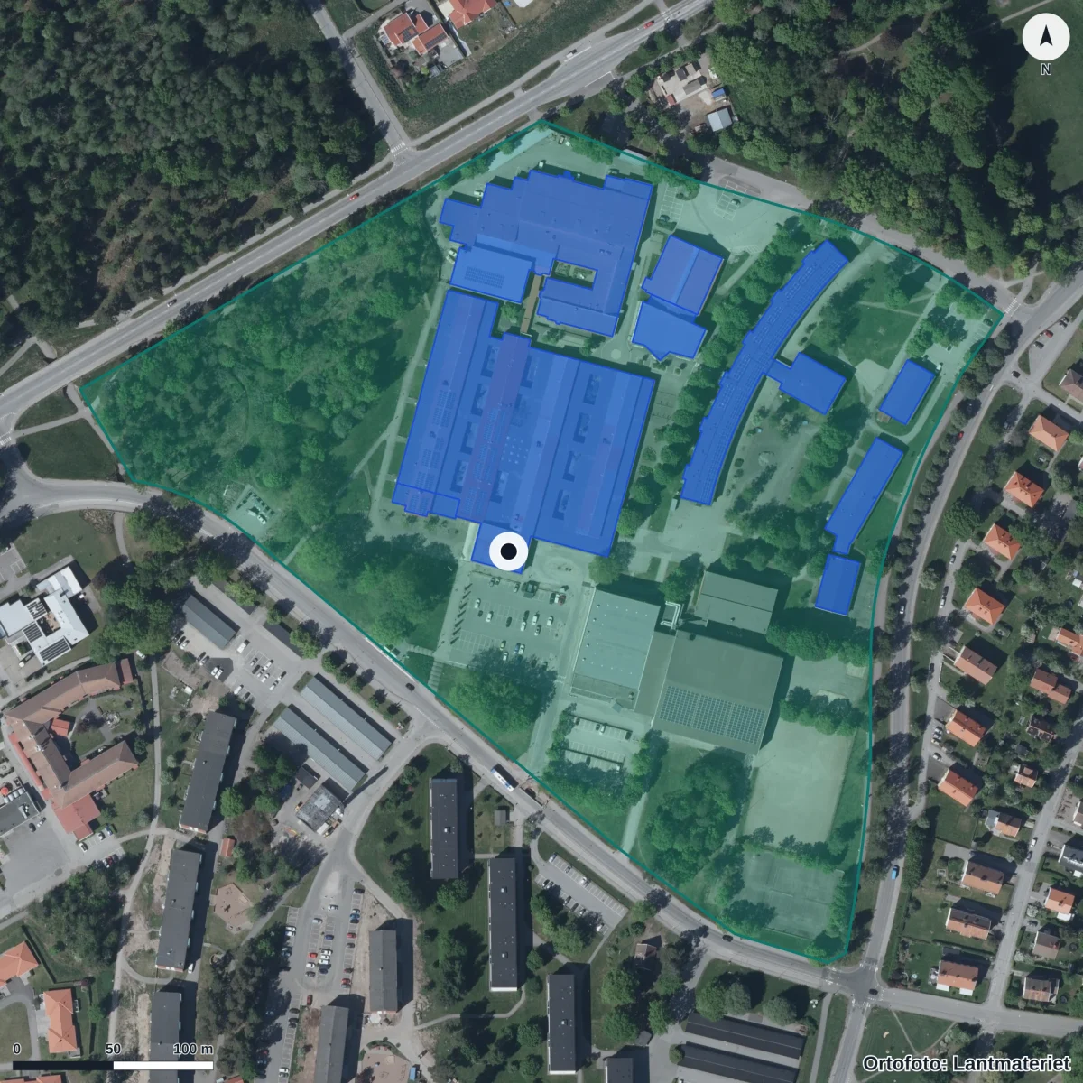 Aerial view of Vadsboskolan, orthophoto from Lantmäteriet