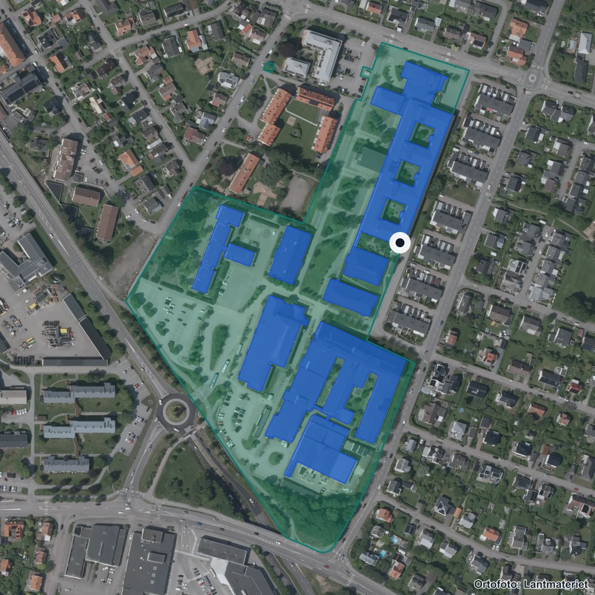 Aerial view of Peder Skrivares skola, orthophoto from Lantmäteriet