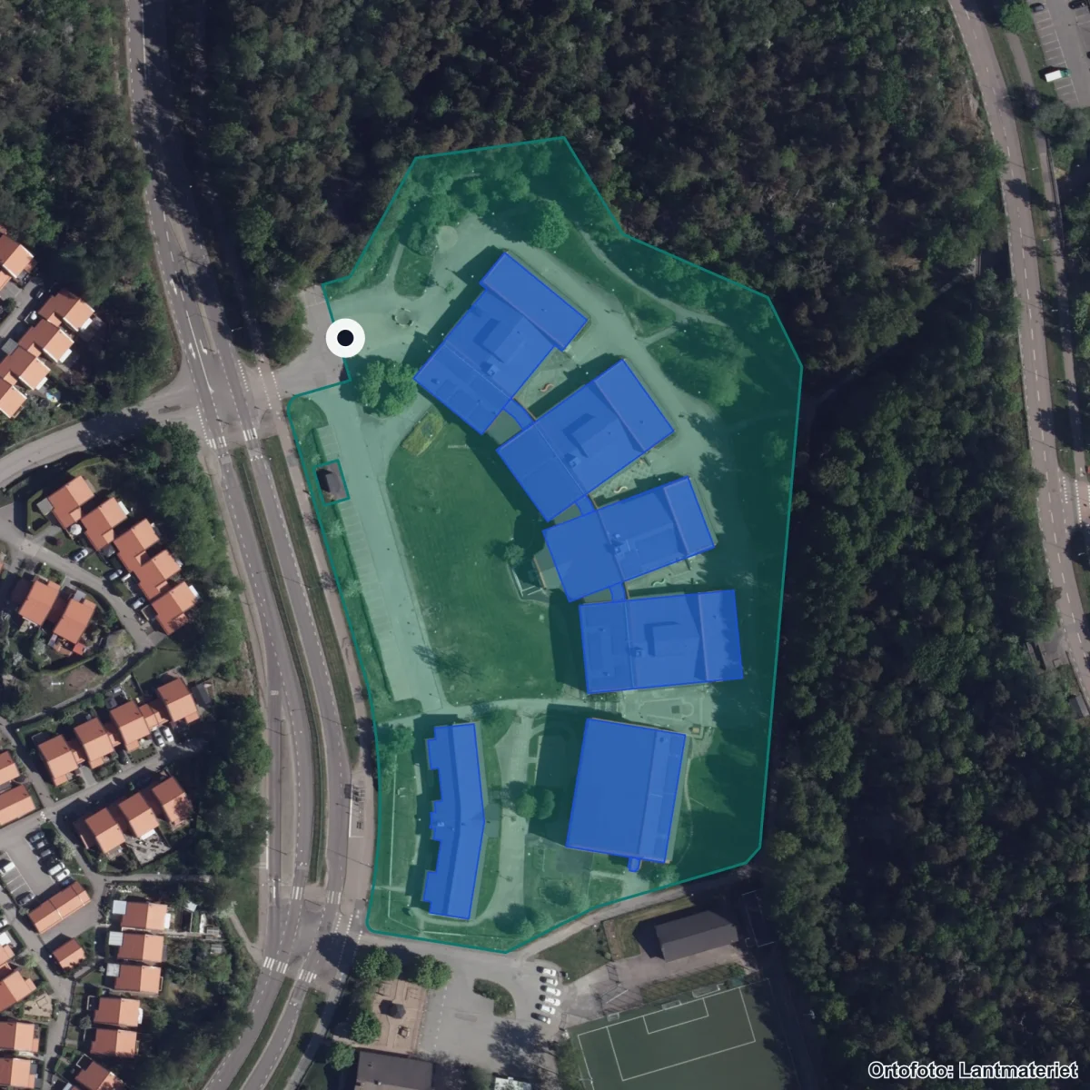 Aerial view of Vättleskolan, orthophoto from Lantmäteriet