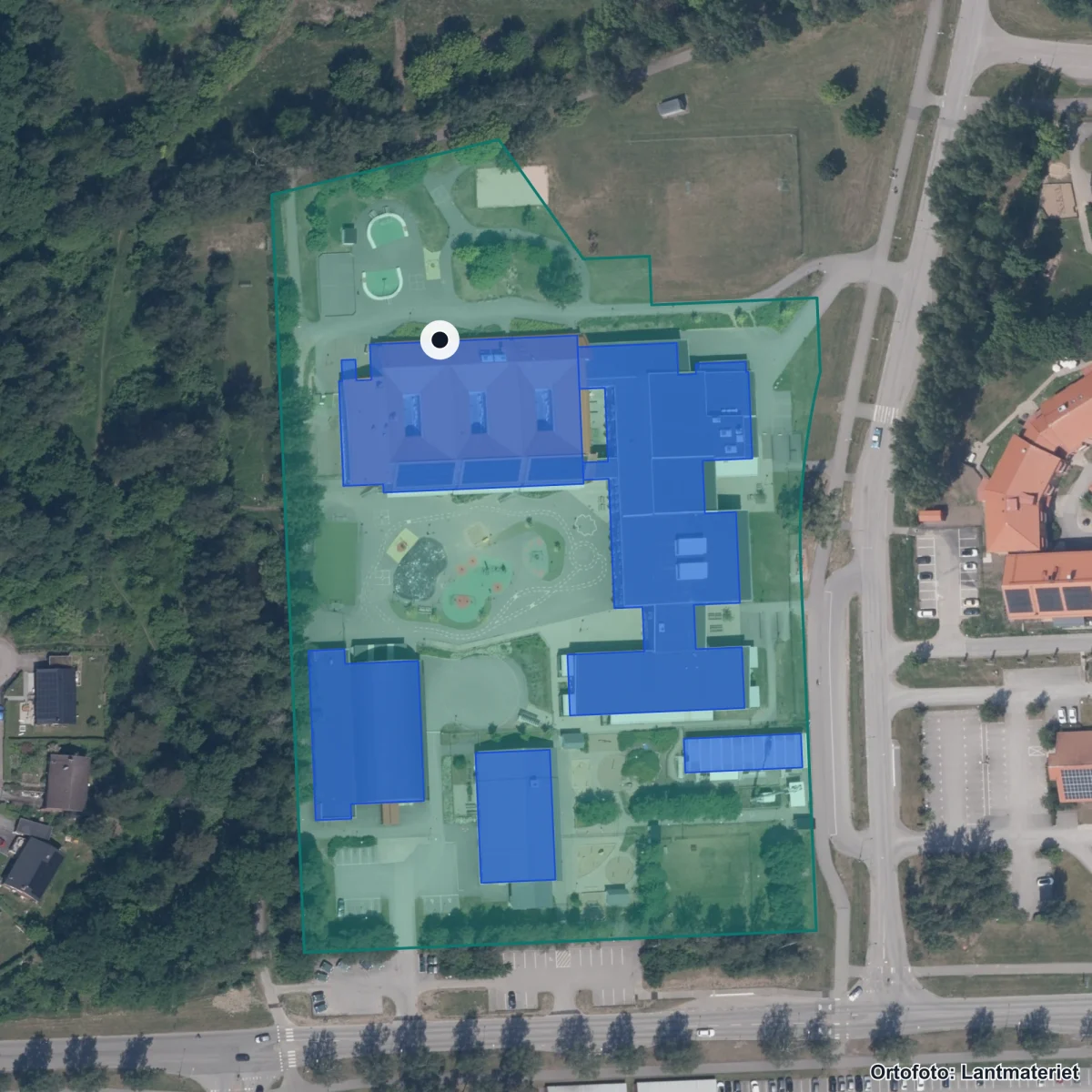 Aerial view of Mariebergskolan, orthophoto from Lantmäteriet