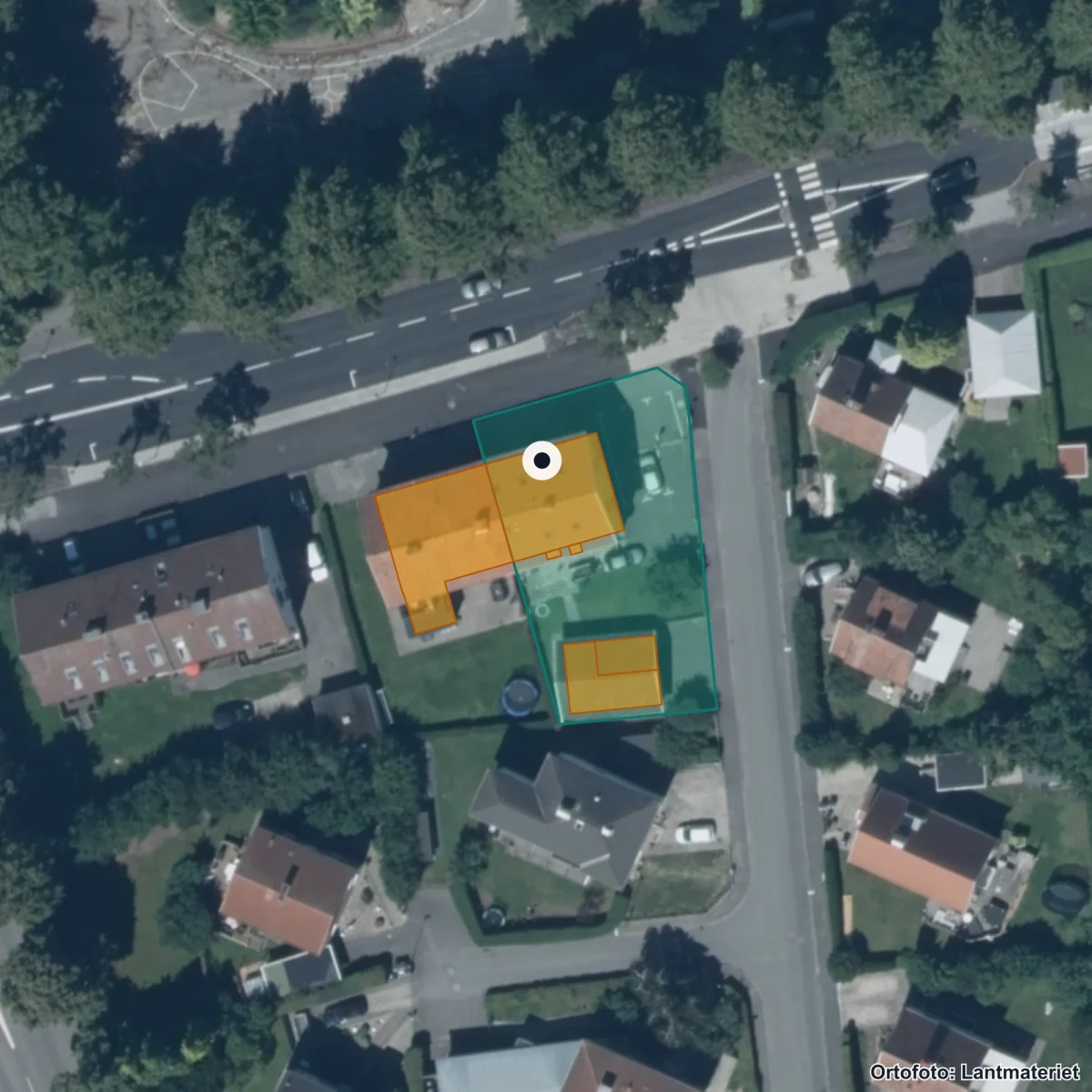 Flygbild över Parkskolan, ortofoto från Lantmäteriet