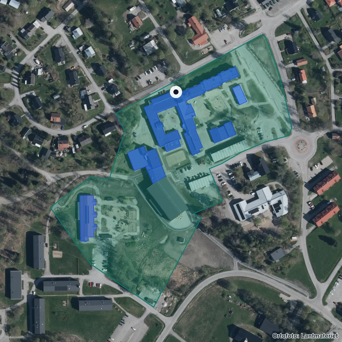 Aerial view of Bergsjö skola, orthophoto from Lantmäteriet